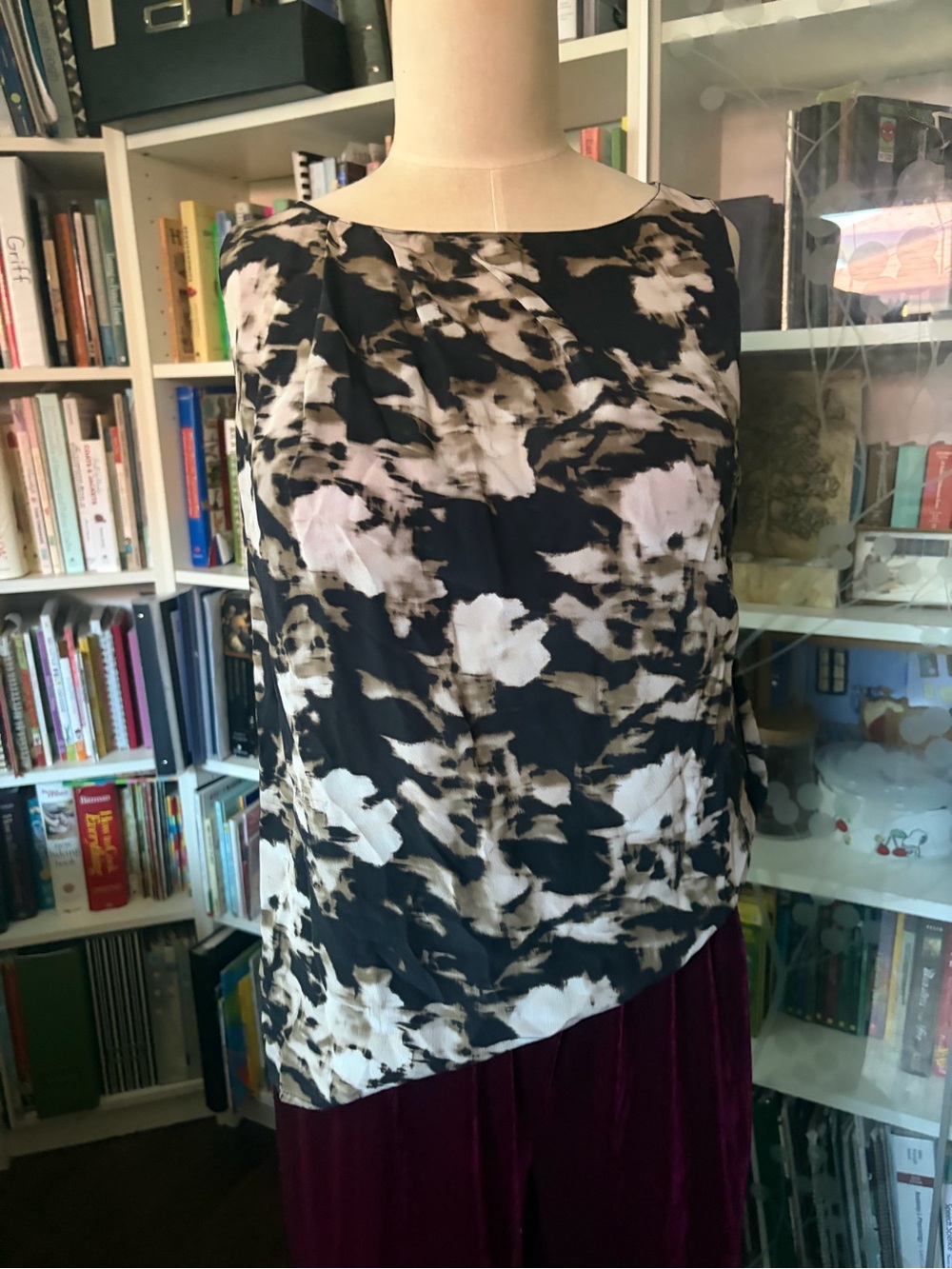 Abstract black and tan silk sleeveless blouse